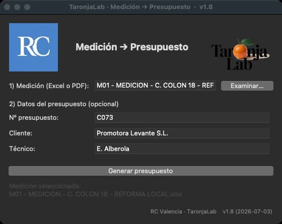 App Medición → Presupuesto de RC Valencia, desarrollada por Taronja Lab
